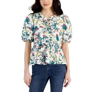 Nautica Jeans Women’s Floral-Print Cotton Peplum Top, Multi, L